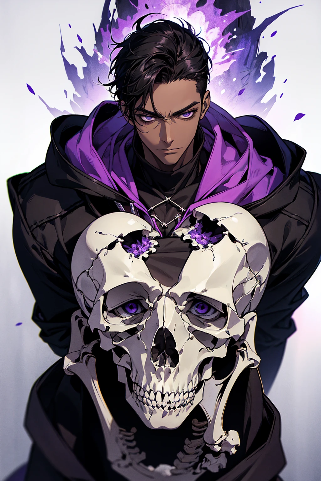 male with bones, looking away from camera, skulls, bones, handsome, black, dark skin, tall, broad shoulders, black hair, purple, purple fire, magic, detailed face, fantasy, hoodie