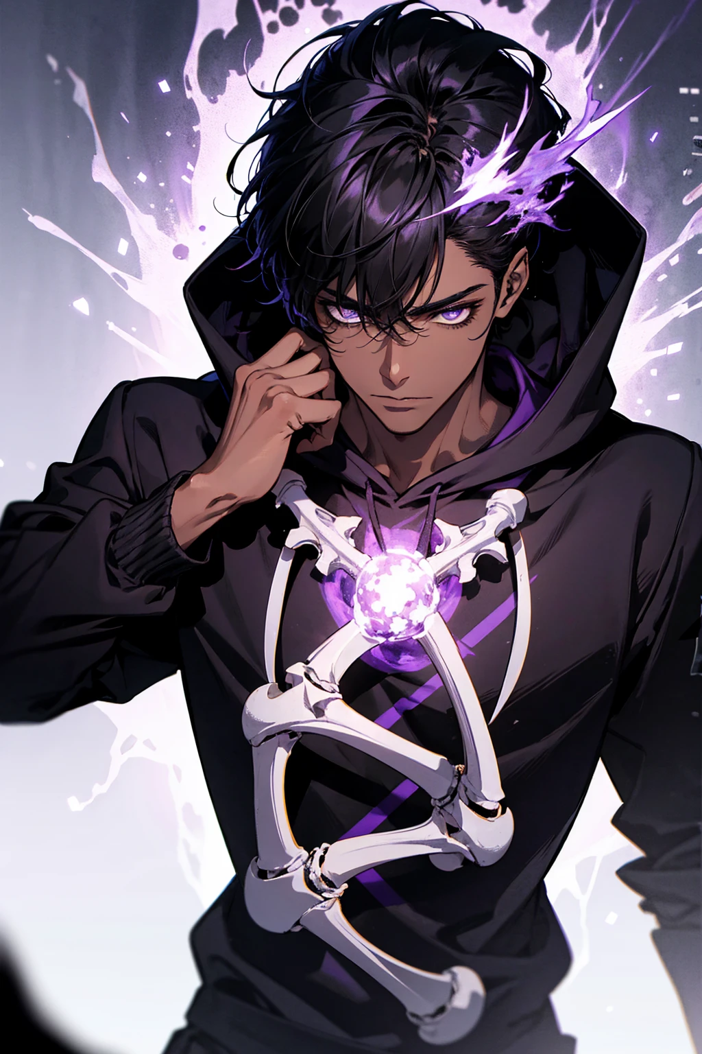 male with bones, looking away from camera, skulls, bones, handsome, black, dark skin, tall, broad shoulders, black hair, purple, purple fire, magic, detailed face, fantasy, hoodie