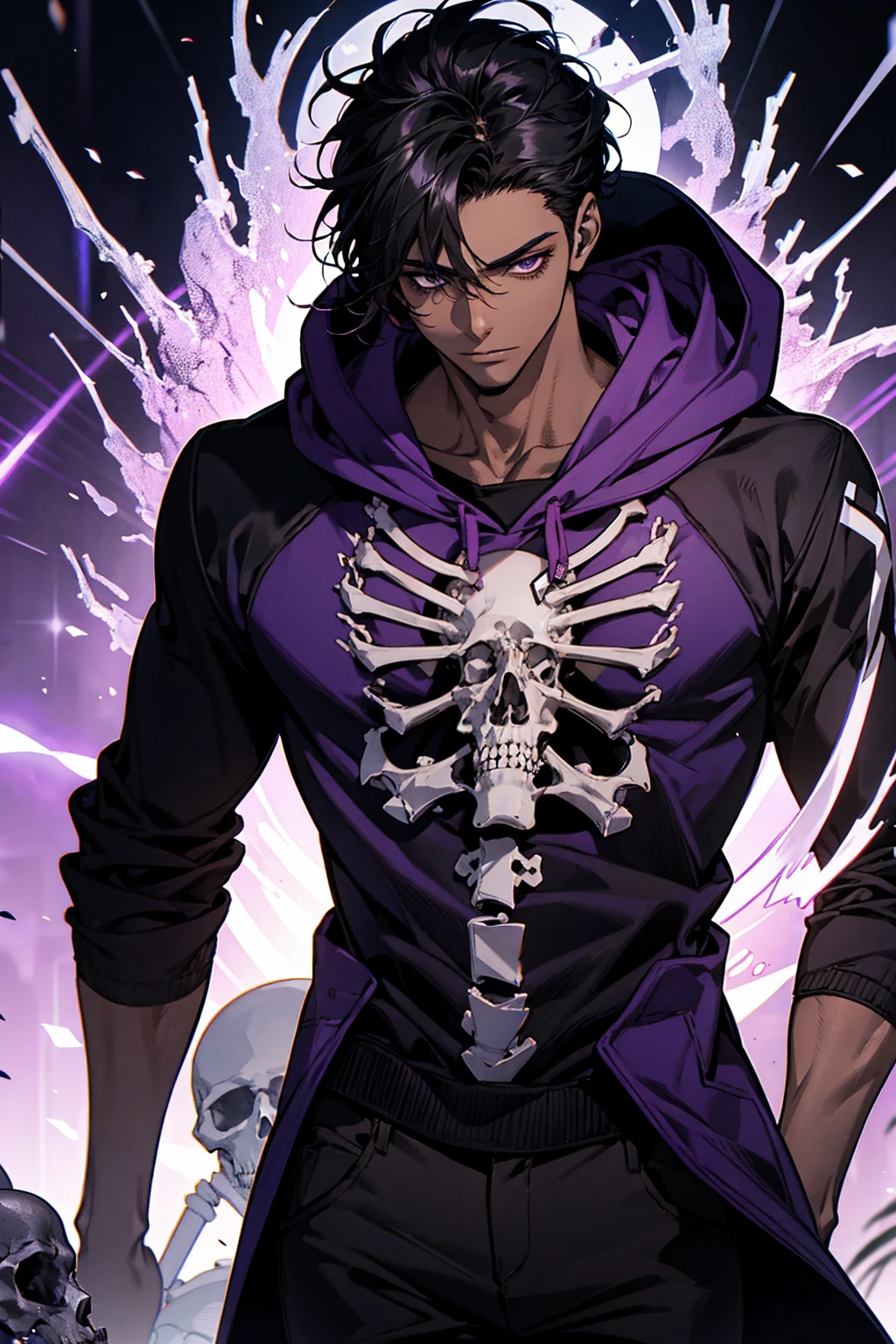 male with bones, looking away from camera, skulls, bones, handsome, black, dark skin, tall, broad shoulders, black hair, purple, purple fire, magic, detailed face, fantasy, hoodie