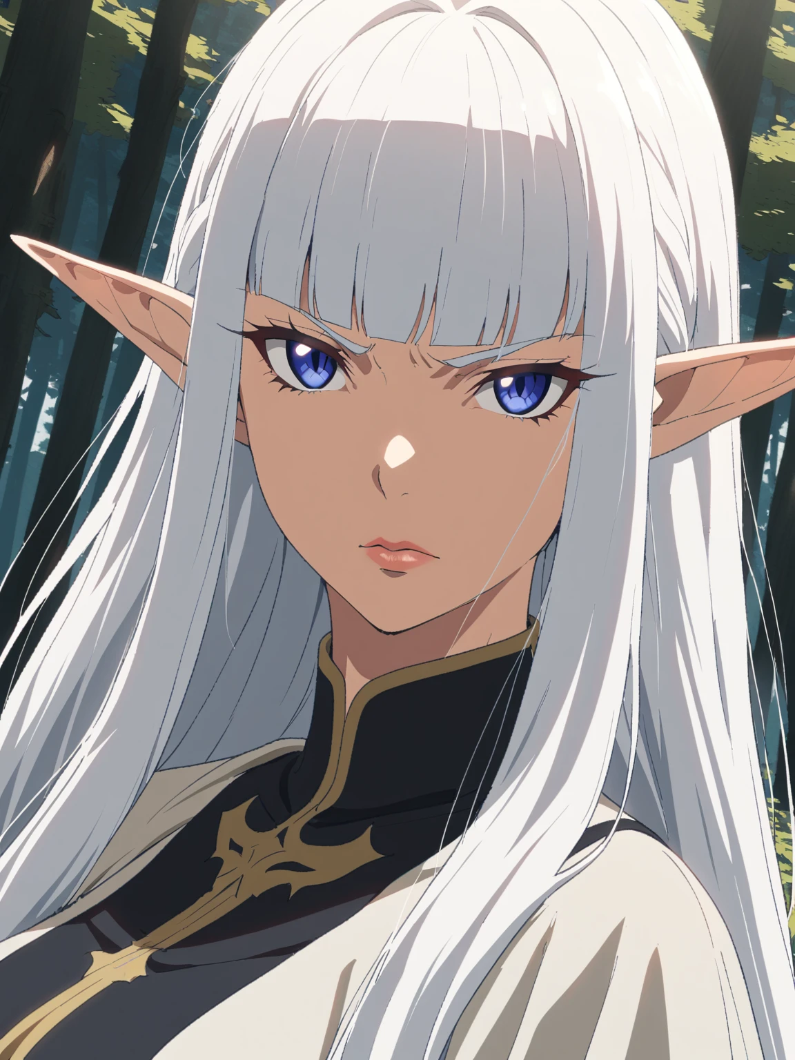 determined{{portrait, face focus}} {{Artist: Sincos}} 1 woman, solo, mature female, elf elegant, princess, pointy ears, blue eyes, long hair, straight hair, white hair, blunt bangs, lips, large breasts, determined, white tunic, outdoors, forest, dappled sunlight, medieval fantasy.