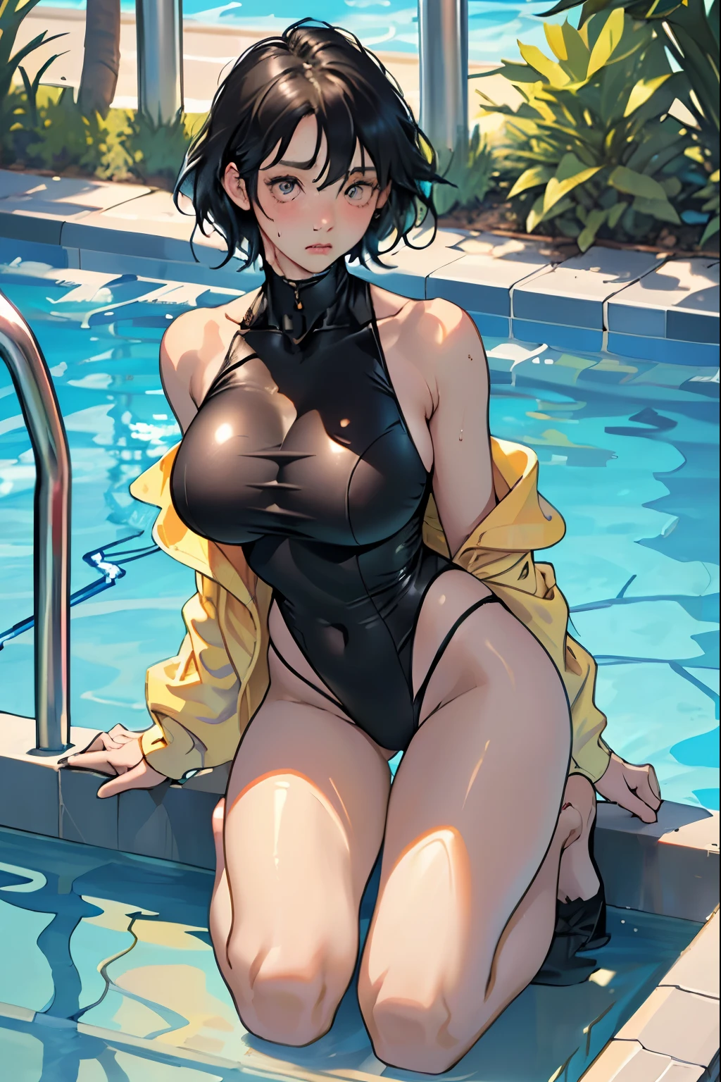 (((By the pool, Kneel)))、20-year-old gravure model、Perfect body、1 girl、alone、Photographed from diagonally above、Micro mini yellow ultra high leg swimsuit、Yellow Ultra Micro Swimsuit、masterpiece、highest quality、Realistic、Hyper Detail、(Shiny skin)、Absurd、Looking at the camera、black eye:1.8、thin、Dynamic Lighting、High resolution、Sharp focus、Written boundary depth、Fine Eyes、Beautiful big eyes、black eyes、(Big Breasts :1.4, Saggy breasts:1.5)、(thin太もも:1.2)、、Eyebrow problems、(blush)、