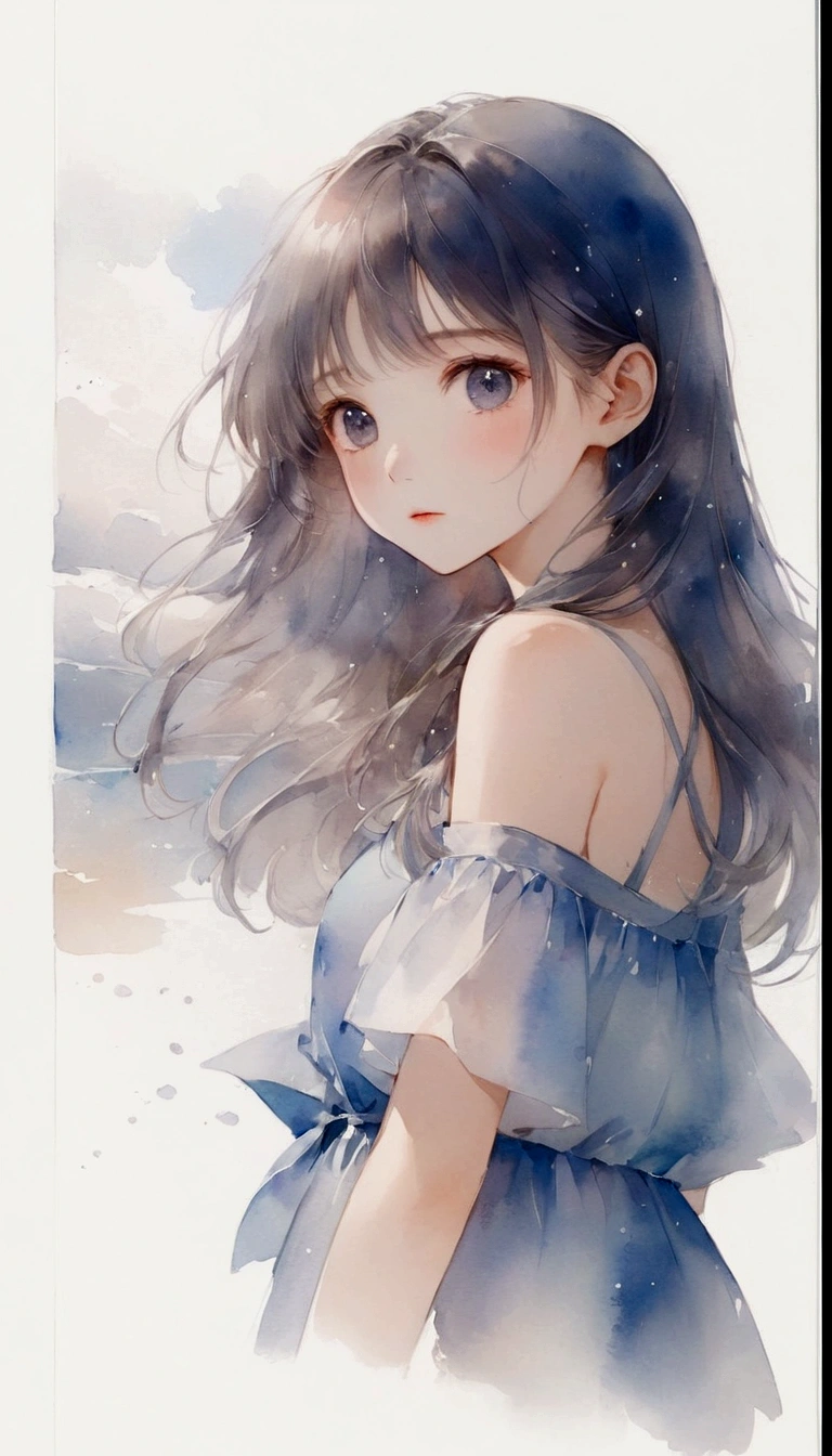 (water color style), Anime Girls with long hair and blue dress standing in front of a white background, Beautiful Anime portrait, Beautiful Anime artwork, Soft anime illustration, beautiful Anime Girls, Beautiful Anime art, young Anime Girls, Beautiful Anime style, pretty Anime Girls, Beautiful Anime, Anime Girls, Painted in an anime artist&#39;s studio, cute Anime Girls, portrait Anime Girls, Beautiful Anime art style