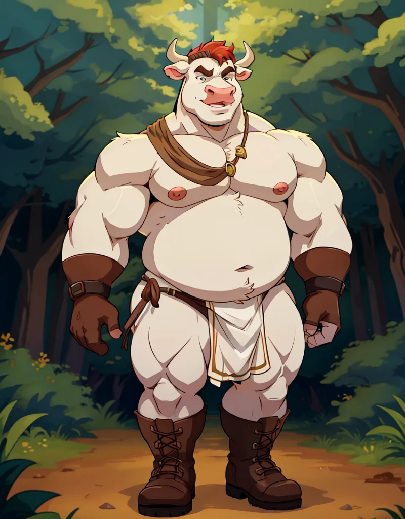 A male chubby muscular anthropomorphic cow a wearing lon cloth, boots, and gloves, in a forest