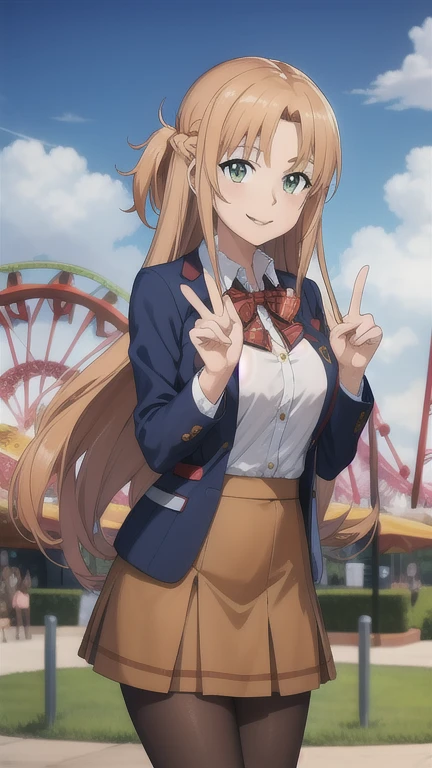 masterpiece, best quality, highres, looking at viewer, Yuuki Asuna, long hair, brown hair, hair ribbon, brown eyes, red bowtie, blue jacket, blazer, long sleeves, plaid skirt, brown skirt, pantyhose,
 peace sign, amusement park, smile, standing 