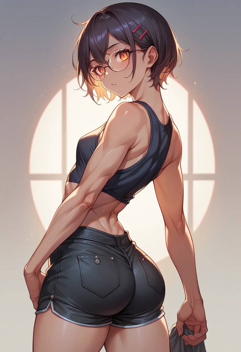 high quality, Perfect lighting, Detailed face, Detailed body, 1 girl, alone, (Toned body), Are standing , Also, ((Also)) Glasses、Shortcuts、Small breasts、Big Ass、Black shorts