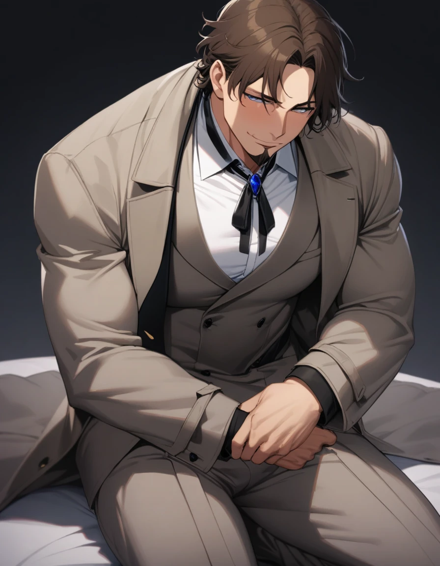 1man, mature male, parted bangs, medium-short hair, brown hair, muscular male celeb, short goatee, short mustache, indigo eyes, gentleman, elegant netori male, chiseled face, male high ratio body proportions, cumrag, BREAK solo, white collared shirt, gray trench coat, black neck ribbon, fullbody, romance, shy smile, in gentle sasaki style, visual novel, 2010s, extreme all detailed, masterpiece, best quality