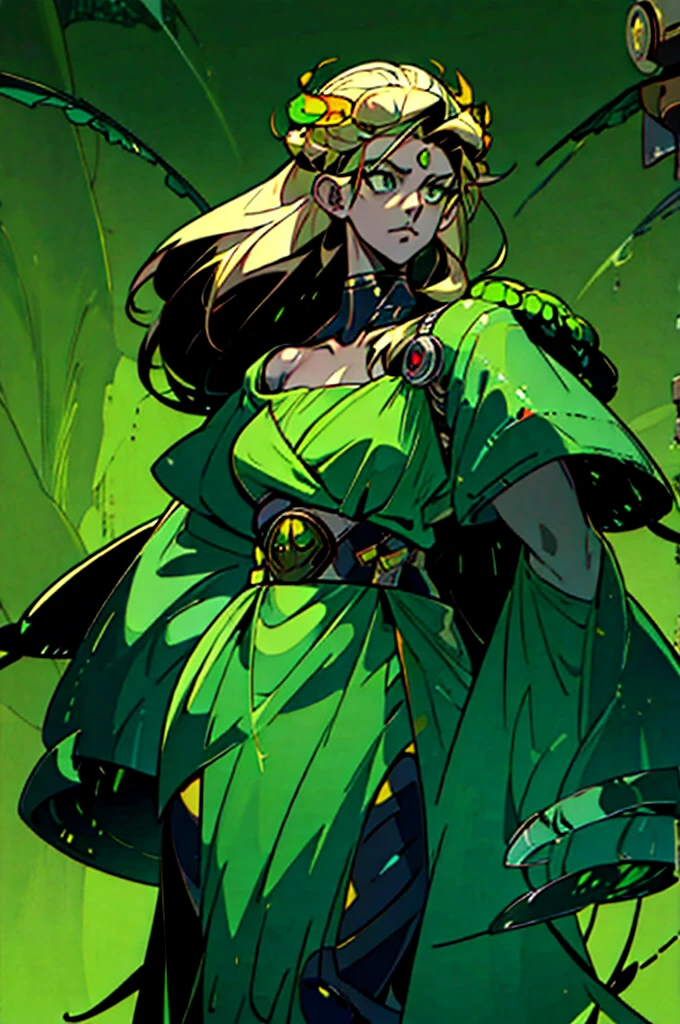 1girl, young, little, blonde long hair, green clothes, green eyes, arachnid style, background filled with insects, main character, boss style, hades style