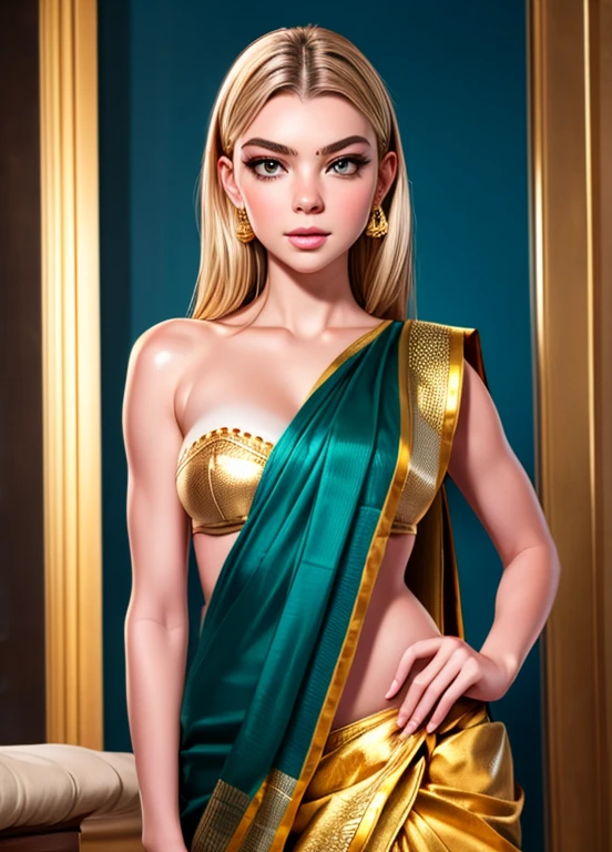 Anya Taylor-joy as a gorgeous Indian Empress wearing ((Kasavu Saree)); deep cleavage; ((ultra glossy lips)); ((Traditional Indian Makeup)); ultrarealistic ultra white skin, ultrarealistic face; ultrarealistic body; ((ultrarealistic gold ornaments)); ((Ultrarealistic small tits)); (small breasts)); high resolution; detailed skin; ultra detailed eyes; ultra detailed face; ultra detailed lips; 4k resolution; Ultrarealistic Bleach Blonde hair; Ultrarealistic Light Brown Eyes; both eyes are similar, thick eyebrows, heavily oiled white shiny skin, slim athletic body, Ultrarealistic deep navel, Ultrarealistic toned abs, sexy seductive pose, Seductive smile, standing; looking at viewer, facing camera; full body photograph, DSLR photo; HDR, super-resolution, maximum clarity and sharpness, rule of thirds, 8k raw, reflections, sharp focus