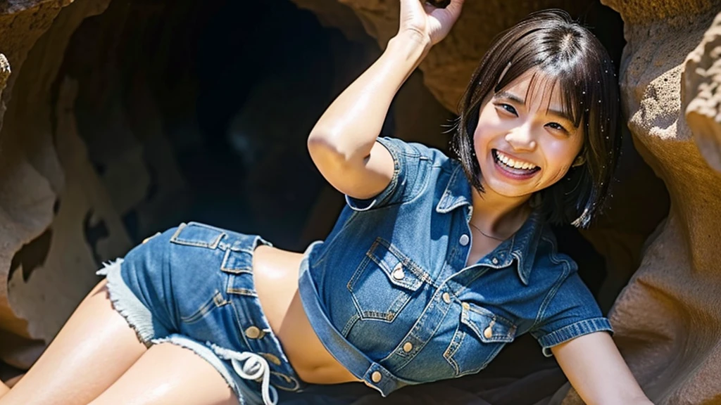 hina kikuchi, Sweaty,Wet big, Laughing with tongue out, smile, A female adventurer wearing brown denim shorts, -yeld gi Inside the cave, Holding a dagger, Black Bob Hair
