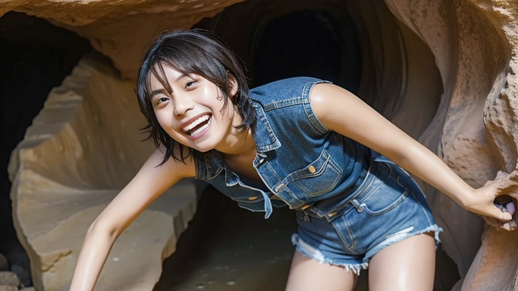 hina kikuchi, Sweaty,Wet big, Laughing with tongue out, smile, A female adventurer wearing brown denim shorts, -yeld gi Inside the cave, Holding a dagger, Black Bob Hair