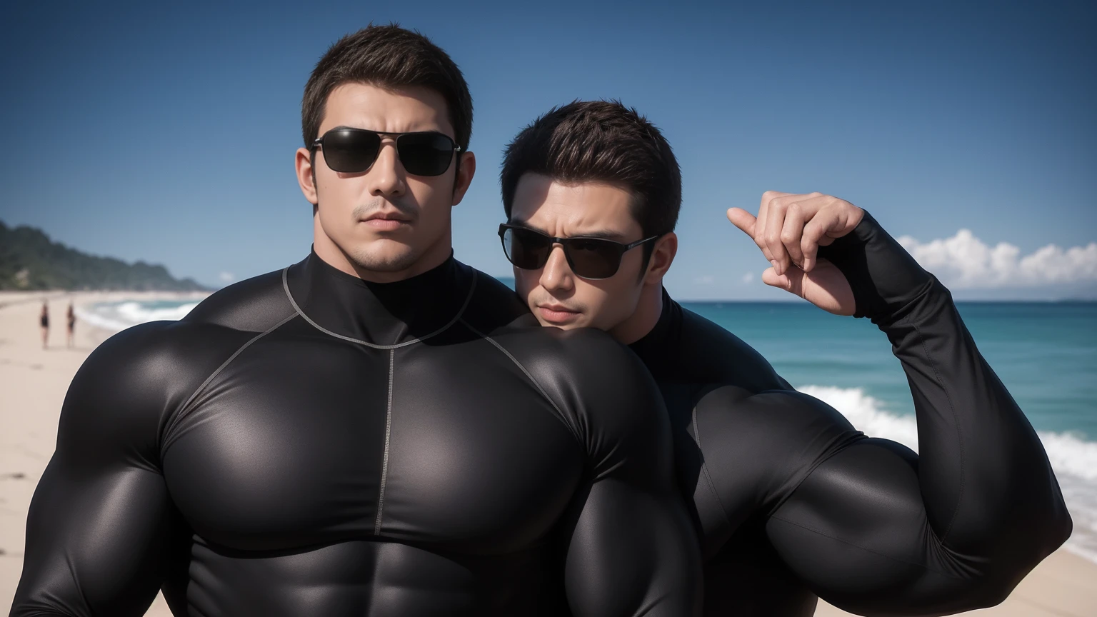 Super muscular man hugging, They wear sunglasses,Deep gaze kiss,They embrace affectionately,short hair,Beach under the scorching sun, Wear a high-necked, long-sleeved wetsuit, Shark skin texture,Beach by the sea,beautiful landscape,The expression is arrogant, Thick thighs, messy hair, Thick thighs, High-necked long-sleeved dark yellow high-necked tights, very tight, Regular symmetrical pattern, Highlight muscles, Police uniform pants, character concept(Resident Evil - chris redfield, chris redfield)A proud expression, Deep and charming eyes, Valiant male pose, tall Burly, muscular!muscular thighs, Tough Guy, Perfect facial features, High, Burly, Heqiang, Super exquisite and cool, High Resolution Committee, Attractive, The sun is blazing, Dazzling