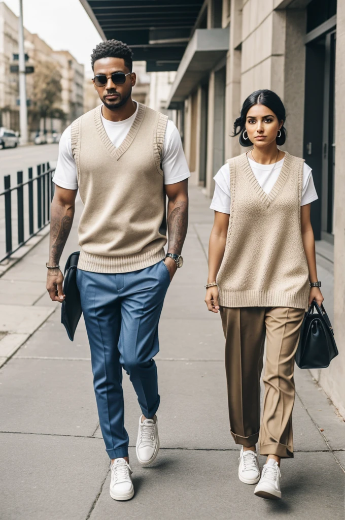 hola, acts as a fashion designer and makes an image of two people, a man and a woman dressed in beige rapper pants, sky blue sweater with work vest and black work shoes remember that both must dress the same, pants must be beige and sleeveless work vests and short-sleeved sweaters . It's for warm weather. I think you haven't understood me. The vest is for work and both should be the same color, black and what else..
