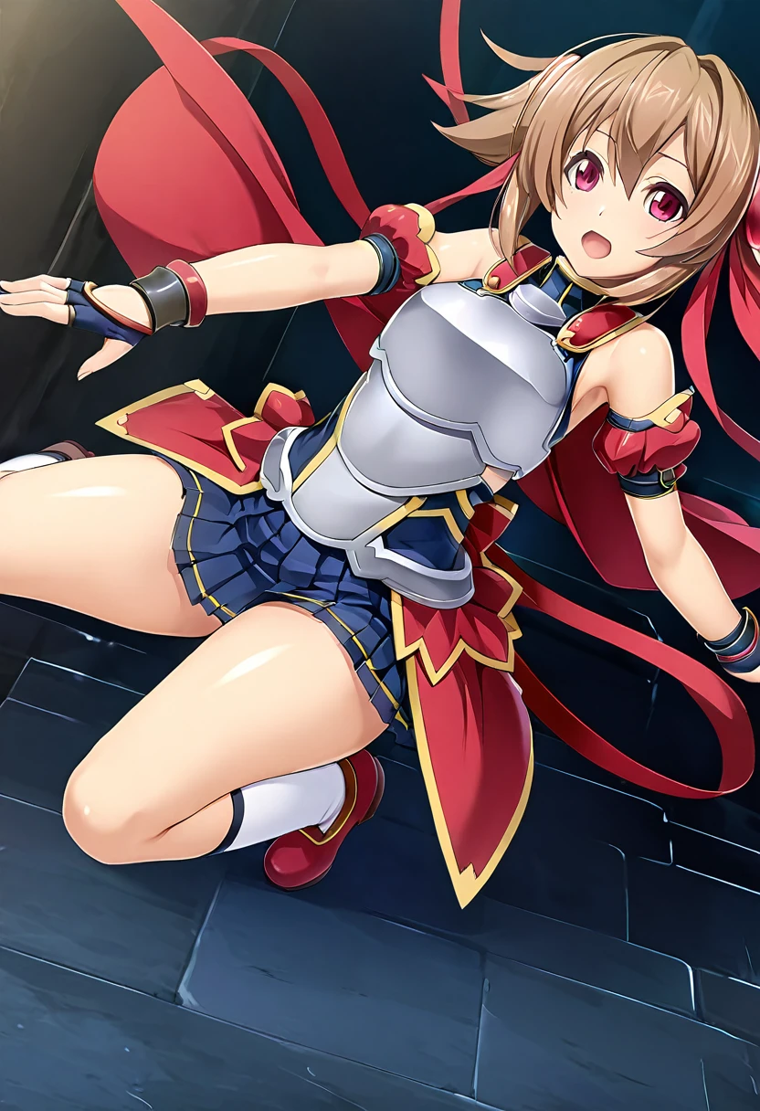 highest quality、unity 8k wallpaper、32k、masterpiece、Very detailed、Ultra-high resolution、 Magical Tamer Silica、Silica(sao)、Silver Breastplate、Half Sleeve、Pleated skirt、(((Bridal Gauntlet、Gloves)))、Long socks up to the thighs、High cut boots、A large ribbon with a large brooch on the chest、Hair Ribbon、