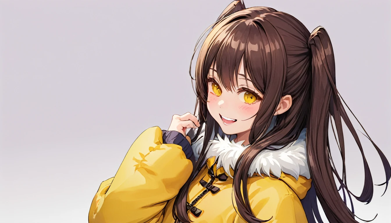 osaki amana, One girl, Have, gloines, Long Hair, 一人in, White Background, fur Have, smile, Brown Hair, looking at iniewer, Yellow Eyes, Simple Background, Fur trim, Open your mouth, coat, blush, Winter clothes, Braiding, white coat, in, long sleeines, bangs, swept bangs, teeth