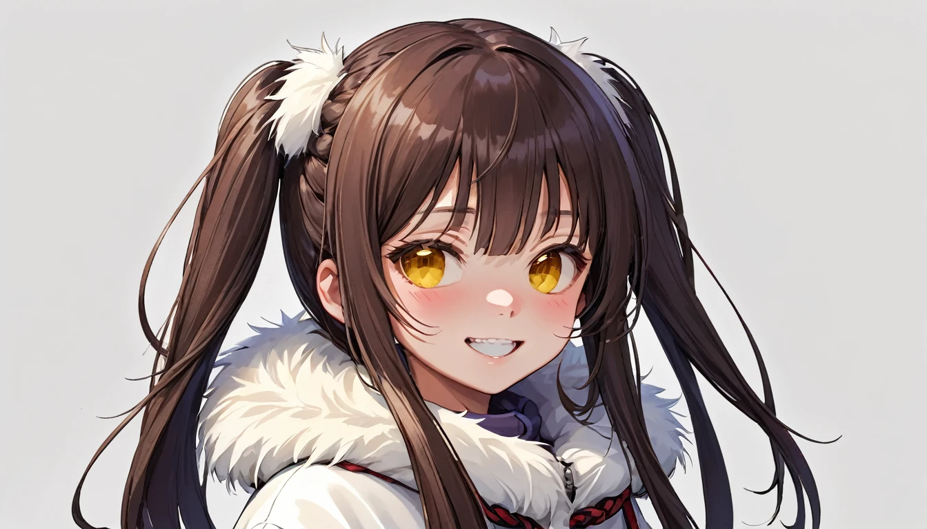 osaki amana, One girl, Have, gloines, Long Hair, 一人in, White Background, fur Have, smile, Brown Hair, looking at iniewer, Yellow Eyes, Simple Background, Fur trim, Open your mouth, coat, blush, Winter clothes, Braiding, white coat, in, long sleeines, bangs, swept bangs, teeth