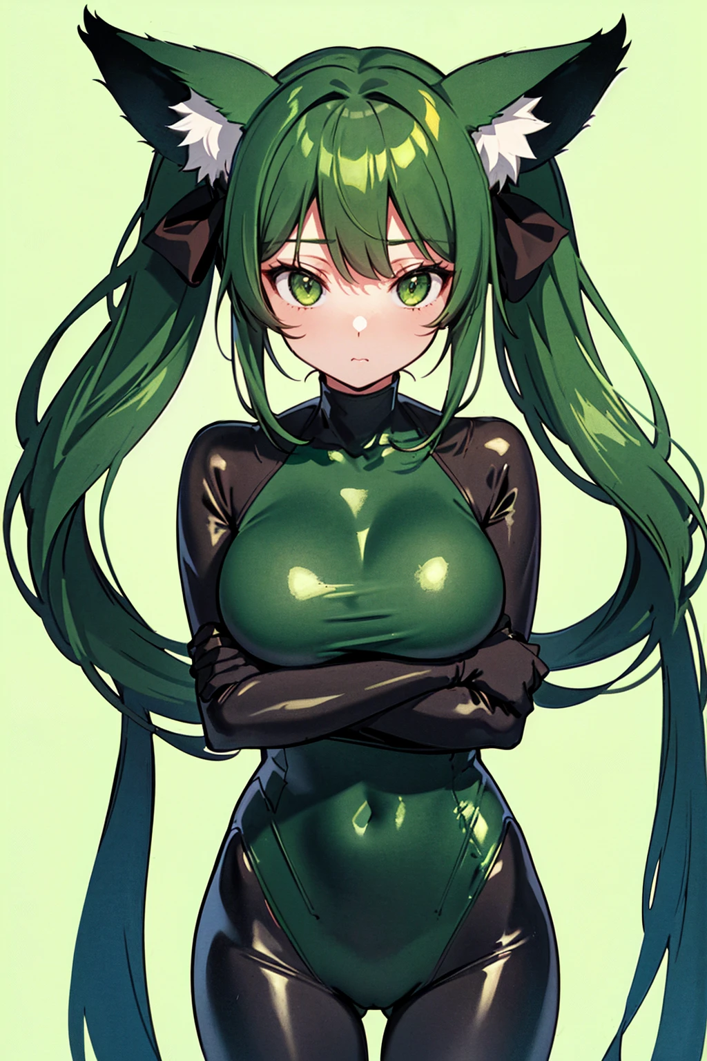 whole body,Standing posture, (alone,Dark green hair,Pigtails,Fox ears,) (One girl, Big Tits,Girl), (beautifully drawn face:1.2) (Plug Suit:1.3,Green clothes) Expressionless,(White background)
