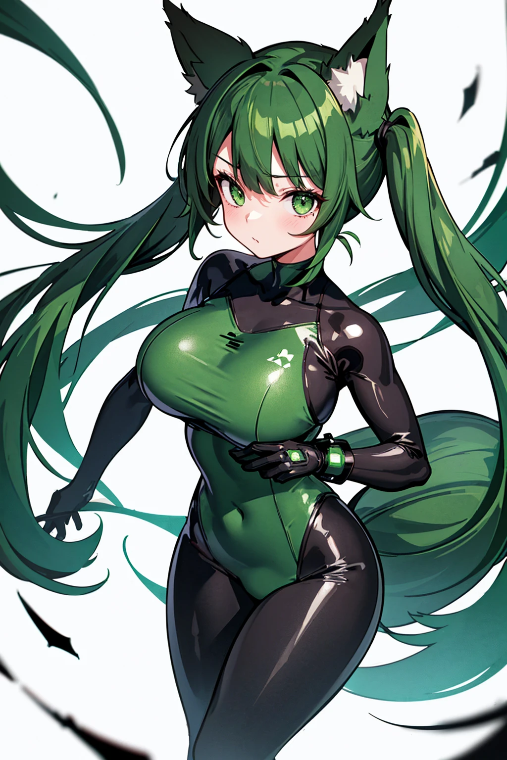 whole body,Standing posture, (alone,Dark green hair,Pigtails,Fox ears,) (One girl, Big Tits,Girl), (beautifully drawn face:1.2) (Plug Suit:1.3,Green clothes) Expressionless,(White background)