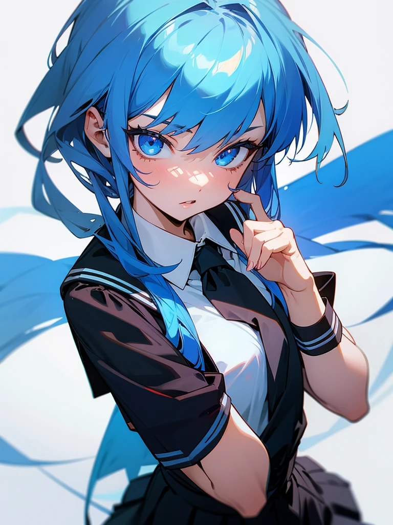 Hot woman, blue hair, blue eyes, black school clothes