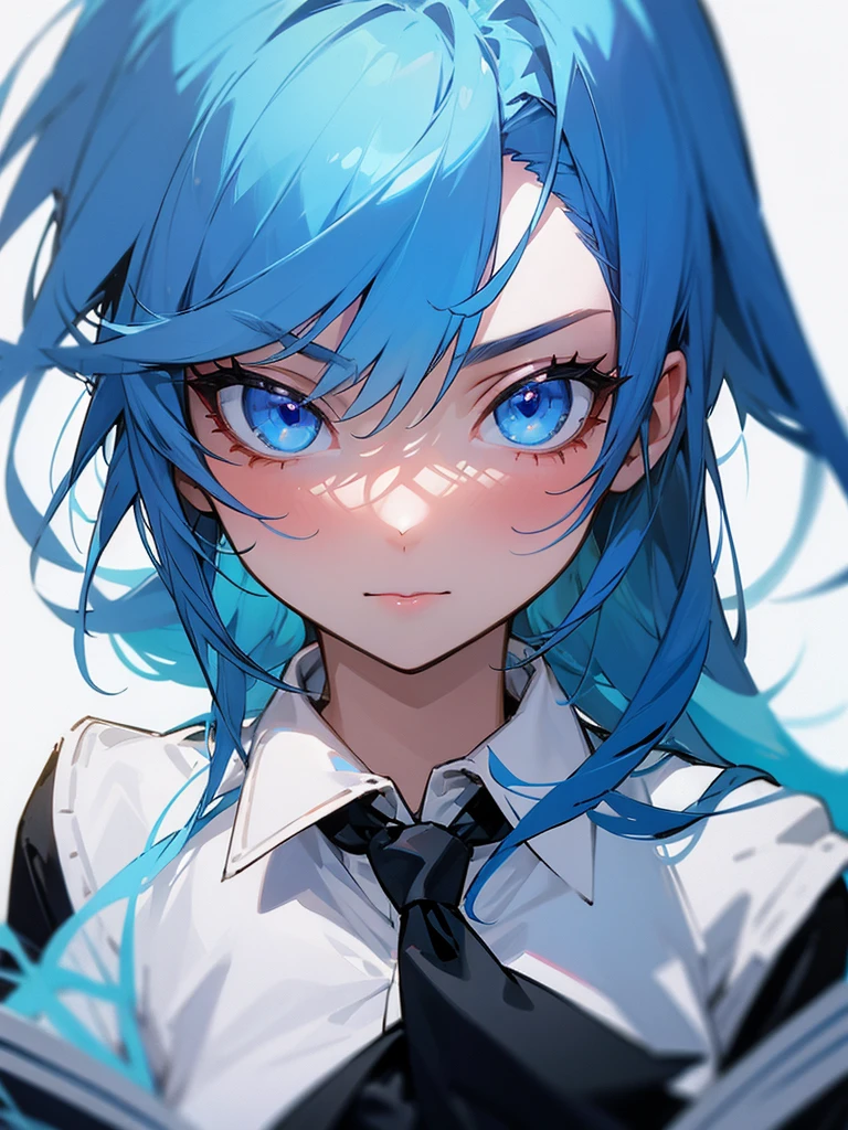 Hot woman, blue hair, blue eyes, black school clothes