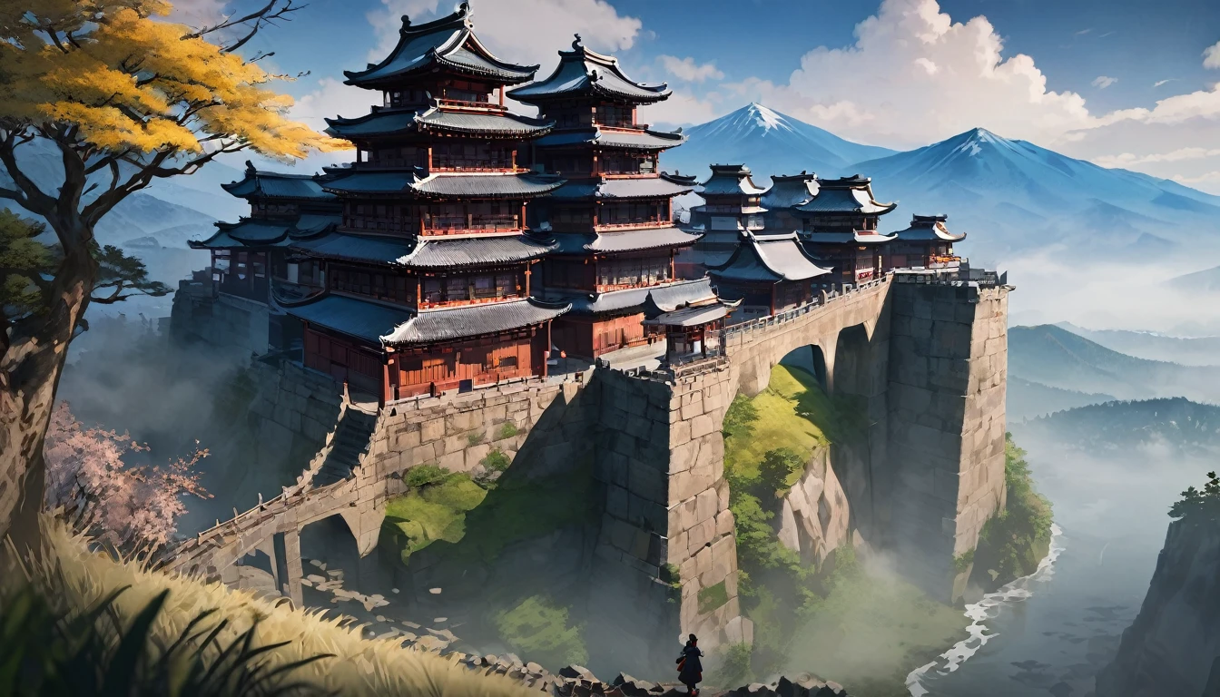masterpiece, highest quality, (Highly detailed CG unit 8k wallpaper) (highest quality), (Best illustrations), (Best Shadow) (male), Sekiro on the Cliff, View of Ashina Castle, Feudal Japan, Ray Tracing, Ominous environment, Super detailed, , Impressionist style 