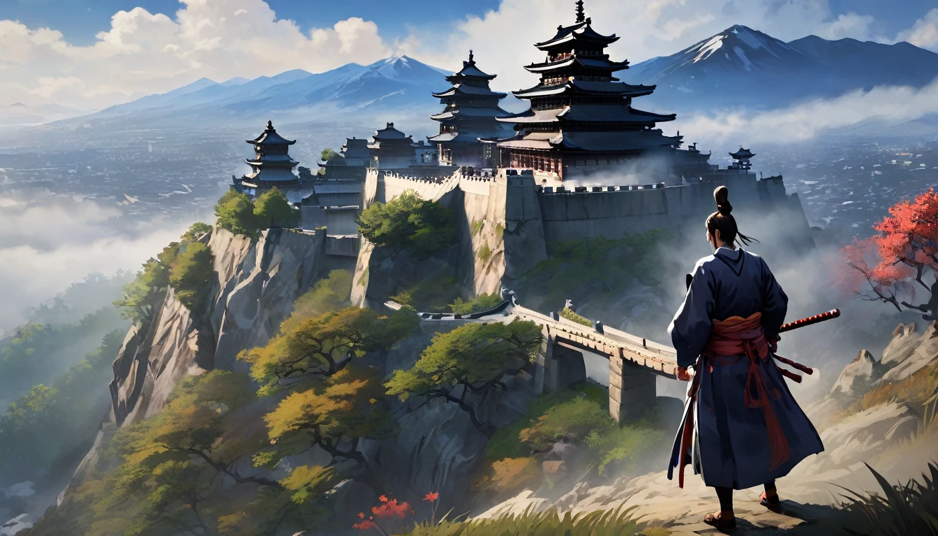 masterpiece, highest quality, (Highly detailed CG unit 8k wallpaper) (highest quality), (Best illustrations), (Best Shadow) (male), Sekiro on the Cliff, View of Ashina Castle, Feudal Japan, Ray Tracing, Ominous environment, Super detailed, , Impressionist style