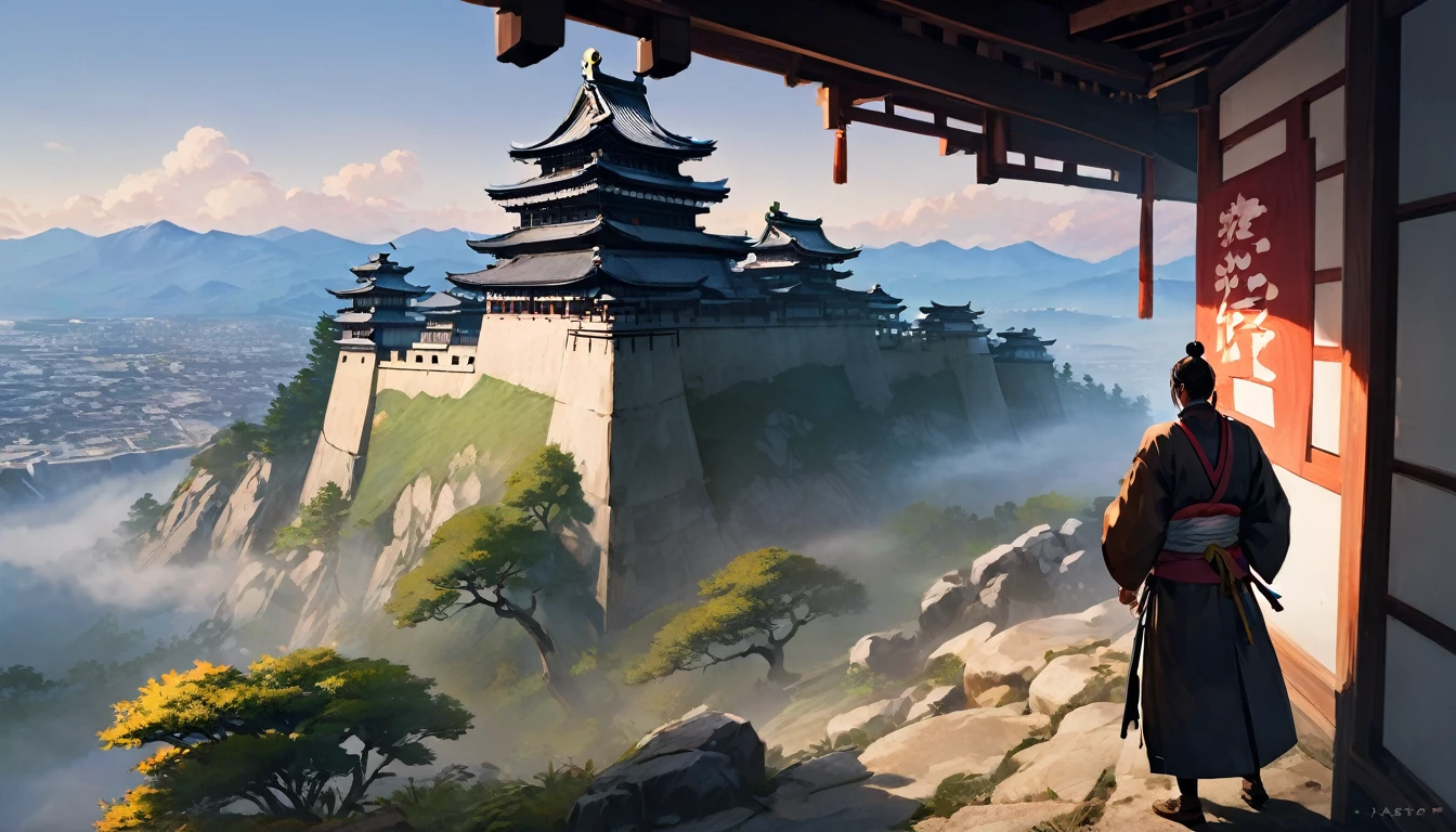 masterpiece, highest quality, (Highly detailed CG unit 8k wallpaper) (highest quality), (Best illustrations), (Best Shadow) (male), Sekiro on the Cliff, View of Ashina Castle, Feudal Japan, Ray Tracing, Ominous environment, Super detailed, , Impressionist style