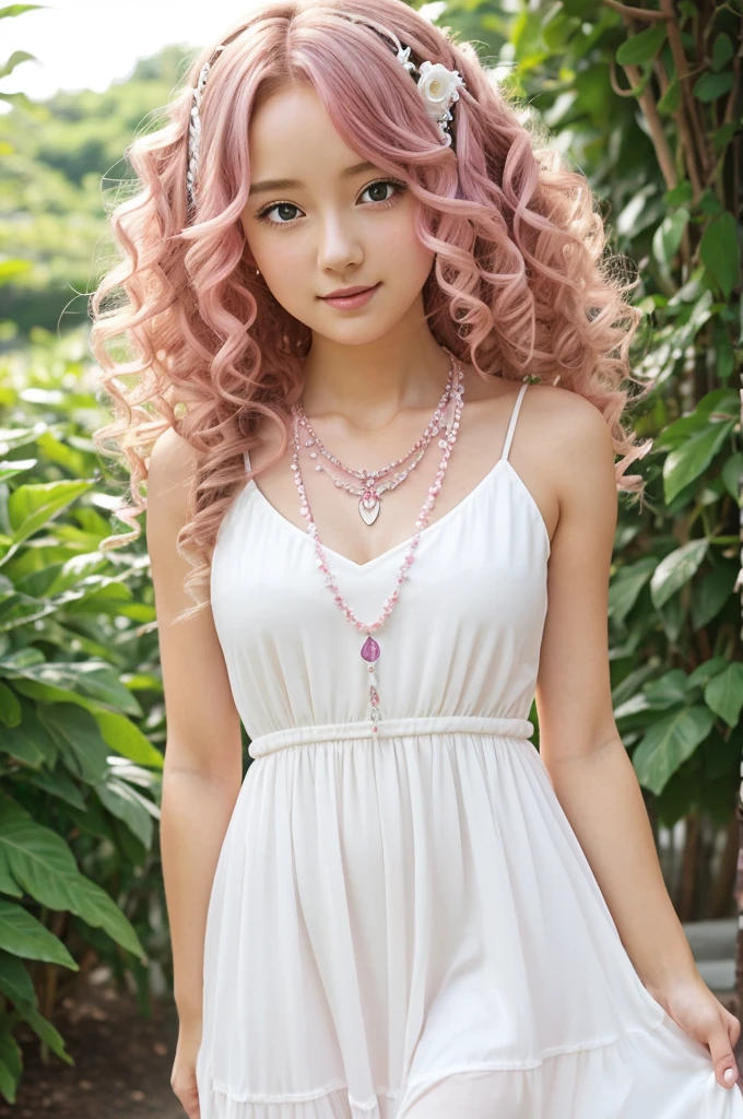 anime, girl, pink curly hair, kind and calm expression, wears white dress with floral details and a necklace with a crystal heart