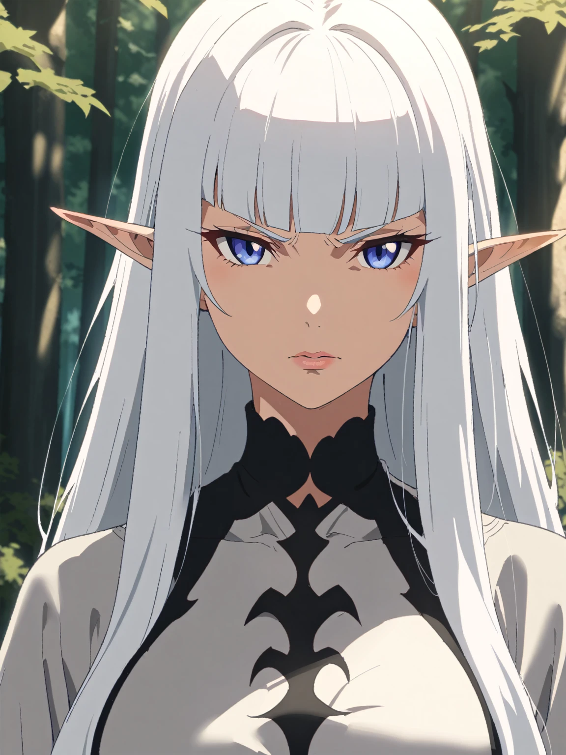 determined{{portrait, face focus}} {{Artist: Sincos}} 1 woman, solo, mature female, elf elegant, princess, pointy ears, blue eyes, long hair, straight hair, white hair, blunt bangs, lips, large breasts, determined, white tunic, black collar, outdoors, forest, dappled sunlight, medieval fantasy.
