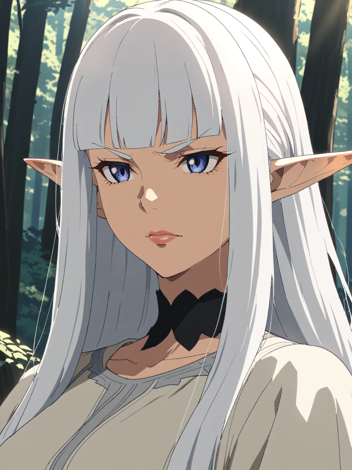 determined{{portrait, face focus}} {{Artist: Sincos}} 1 woman, solo, mature female, elf elegant, princess, pointy ears, blue eyes, long hair, straight hair, white hair, blunt bangs, lips, large breasts, determined, white tunic, black collar, outdoors, forest, dappled sunlight, medieval fantasy.
