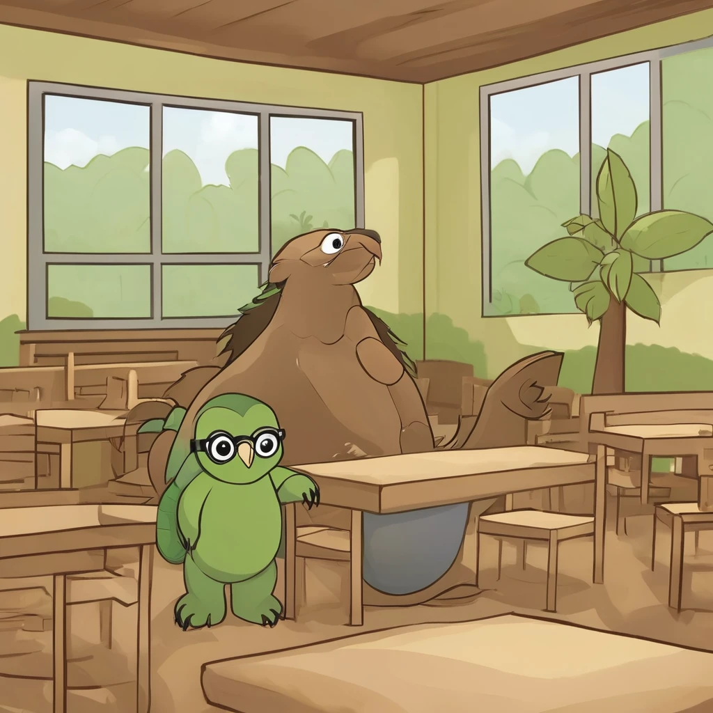 make a page of a fable with this information below all the characters are animals I don't want them to be human The title is An animal school environment: a dense forest that appears to be a classroom with the teacher being a snake and the other animals being students student:the turtle that has claw scars on its shell and is sitting on a tree stump doing some school activity on a large tree leaf student:a porcupine with the tip of its white quills that is talking to the teacher what is a snake that is near her desk what is a tree trunk student:a bull that has one of its two horns partially broken he is leaving the room to go to the student bathroom:blind owl with completely white eyes she is getting help from her monkey colleague who helps her do her homework on her big tree leaf teacher: a snake wearing janitor teacher glasses an octopus that is removing rubbish from the classroom floor and putting it in a black rubbish bag when there is a student: is to make the animals described with this student: sitting in his seat doing what any student would do, the teacher: is playing the role of a teacher