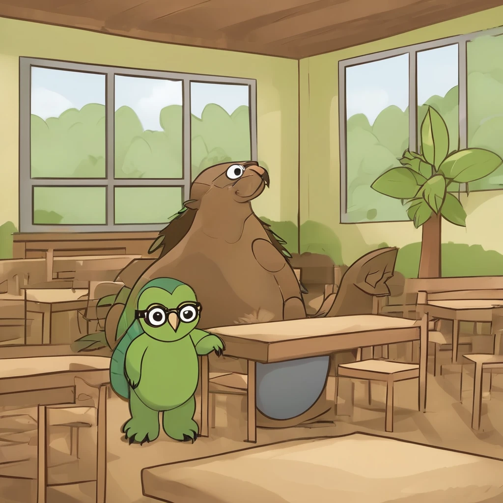 make a page of a fable with this information below all the characters are animals I don't want them to be human The title is An animal school environment: a dense forest that appears to be a classroom with the teacher being a snake and the other animals being students student:the turtle that has claw scars on its shell and is sitting on a tree stump doing some school activity on a large tree leaf student:a porcupine with the tip of its white quills that is talking to the teacher what is a snake that is near her desk what is a tree trunk student:a bull that has one of its two horns partially broken he is leaving the room to go to the student bathroom:blind owl with completely white eyes she is getting help from her monkey colleague who helps her do her homework on her big tree leaf teacher: a snake wearing janitor teacher glasses an octopus that is removing rubbish from the classroom floor and putting it in a black rubbish bag when there is a student: is to make the animals described with this student: sitting in his seat doing what any student would do, the teacher: is playing the role of a teacher