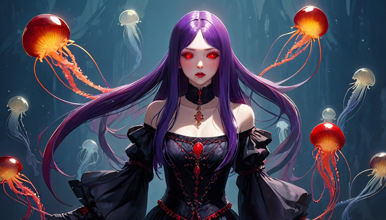 woman, jellyfish, (Medieval feudal period:1.1), Slavic appearance, (Long Straight Purple Hair Gradient Pro Red), (Red eyes), (Strong expression), Purple Lipstick, Fair skin, (Black gothic clothing with red details:1.1), Yellow scales on hands, Cinema Lighting, Mysterious atmosphere, Dynamic Focus, ultra Genuineity, ultra Genuineistic, super high quality, Genuine, Genuine texture:1.1, Genuineistic clothes:1.1, 8k Maniac, Absurd,