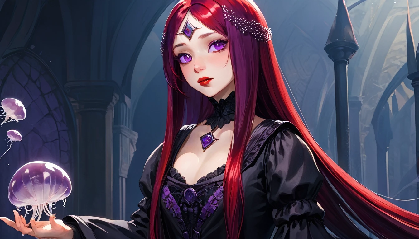 woman, jellyfish, (Medieval feudal period:1.1), Slavic appearance, (Long Straight Purple Hair Gradient Pro Red), (Red eyes), (Strong expression), Purple Lipstick, Fair skin, (Black gothic clothing with red details:1.1), Yellow scales on hands, Cinema Lighting, Mysterious atmosphere, Dynamic Focus, ultra Genuineity, ultra Genuineistic, super high quality, Genuine, Genuine texture:1.1, Genuineistic clothes:1.1, 8k Maniac, Absurd,