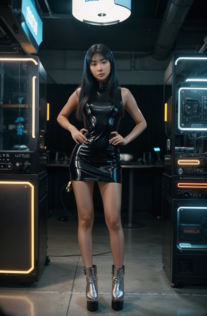 “Capture an HD Ultra Realistic image of Young Attractive Asian Woman Sophie Tan exploring a tech expo themed around the dawn of the millennium. Sophie is styled in a sleek metallic shift dress and platform boots, reflecting Y2K’s futuristic fashion. Photograph her using a high-resolution DSLR camera with a 35mm lens, focusing on her curious expression as she interacts with a vintage computer setup (1.3). The background, a blur of retro gadgets and neon promotional posters, adds depth and context to the scene (1.2). Enhance the metallic elements and cool blue lighting in post-production to emphasize the tech-inspired ambiance (1.5).”