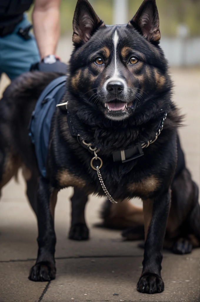 an anthropomorphic Nuggu police dog growling slightly at a suspect, masterpiece, best, photo realistic