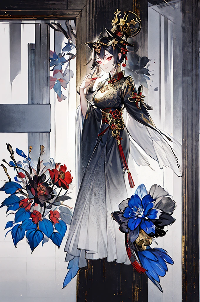 This is an artistic digital illustration portraying the bust of a female figure with cybernetic enhancements and an elaborate mechanical headdress. The figure's facial expression is passive yet intense, with striking red eyes and blue makeup accentuating her features against the contrasting cool metallic tones of the machinery. Rich in detail, the artwork blends organic and mechanical aesthetics, combining smooth human skin with intricate gears, wires, and dripping.