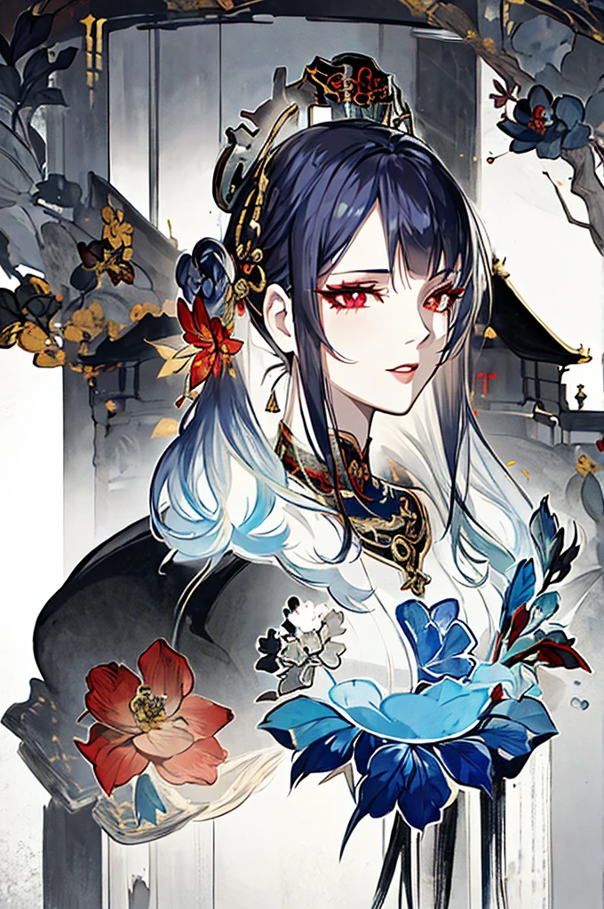 This is an artistic digital illustration portraying the bust of a female figure with cybernetic enhancements and an elaborate mechanical headdress. The figure's facial expression is passive yet intense, with striking red eyes and blue makeup accentuating her features against the contrasting cool metallic tones of the machinery. Rich in detail, the artwork blends organic and mechanical aesthetics, combining smooth human skin with intricate gears, wires, and dripping.