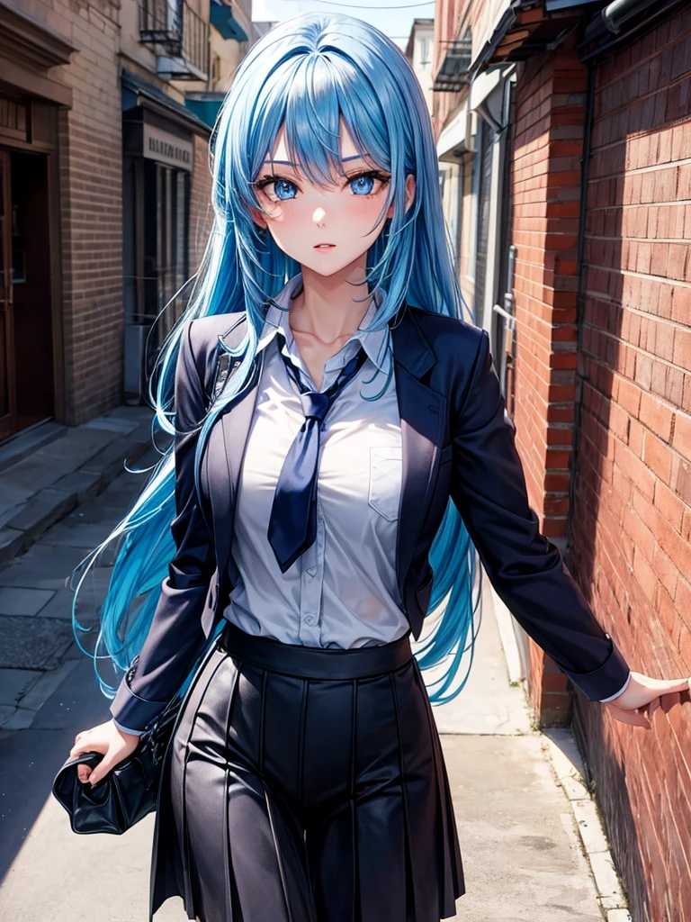 Hot woman, blue hair, blue eyes, black school clothes