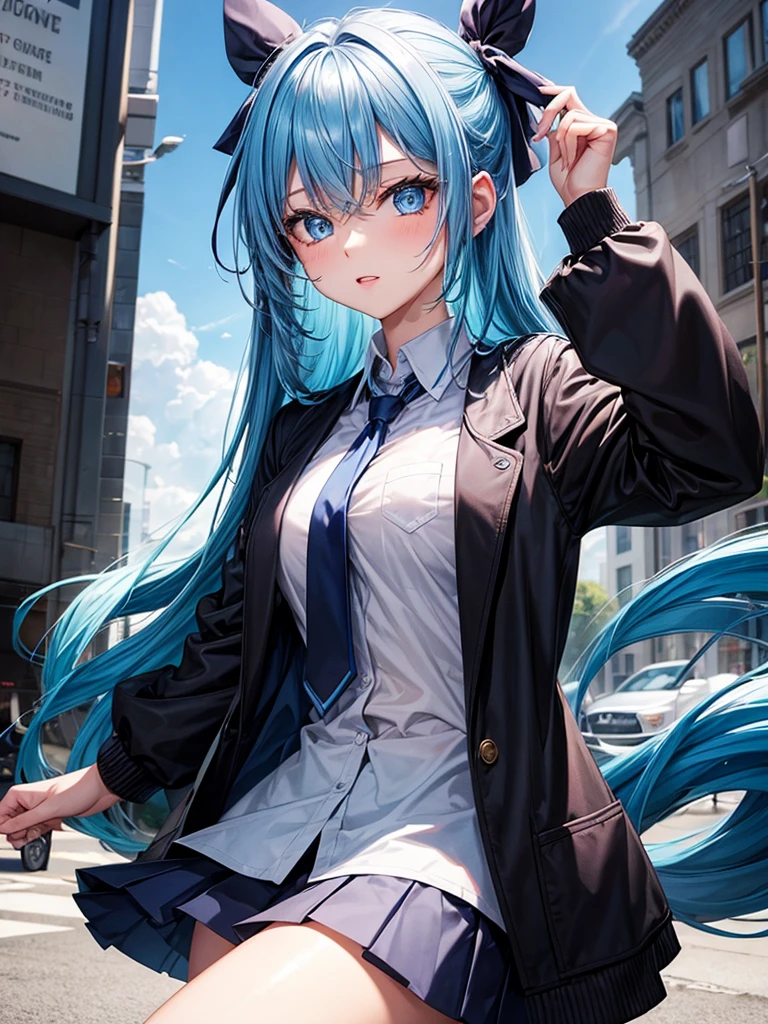 Hot woman, blue hair, blue eyes, black school clothes