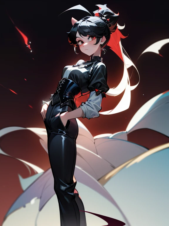((masterpiece, best quality)), (1girl), (solo), (female focus) (young woman), (ahoge, black hair, ponytail), red eyes, a bangs on the left side, (white shirt, rhinestone corset), ((black pants)) (little horns) (harness on the waist), standing, white background