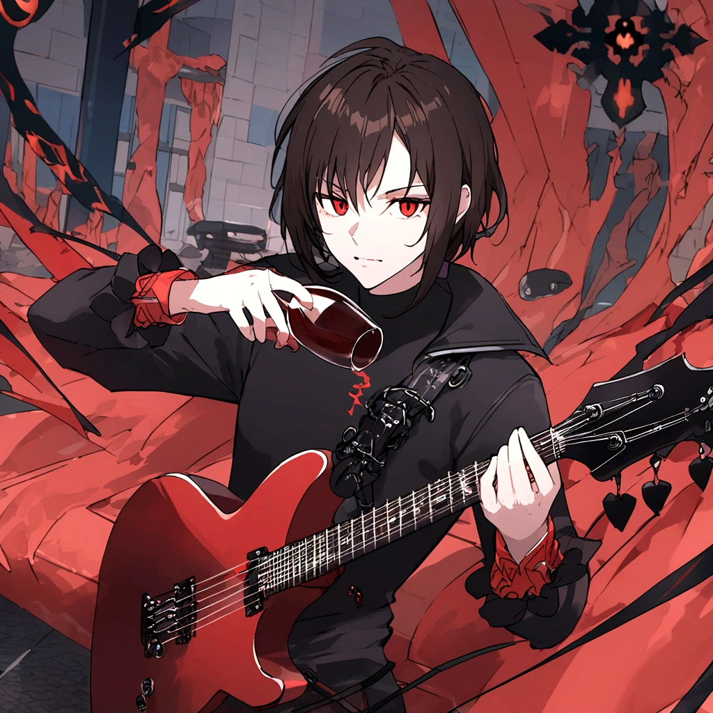 a black-haired anime man ,extremely detailed portrait,cinematic lighting,dramatic dynamic pose,8k resolution,stunning masterpiece,black background,red wine glass,black electric guitar in hand