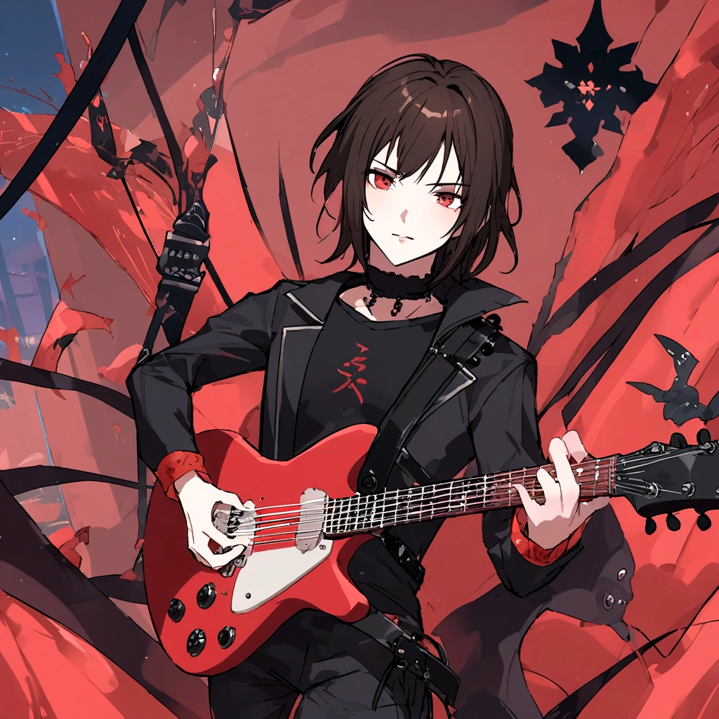 a black-haired anime man ,extremely detailed portrait,cinematic lighting,dramatic dynamic pose,8k resolution,stunning masterpiece,black background,red wine glass,black electric guitar in hand