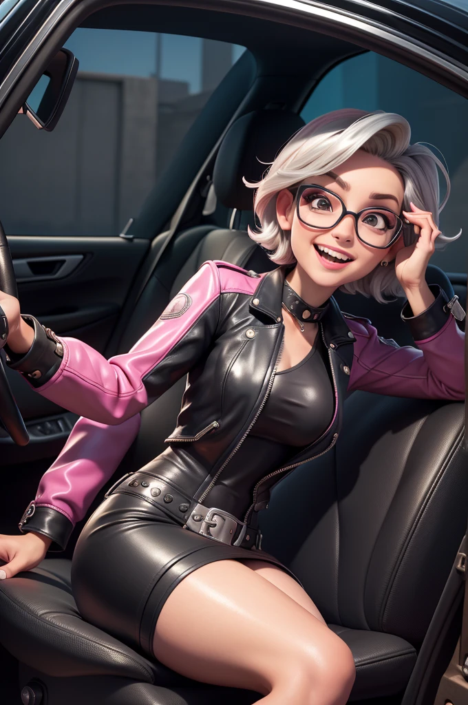 obra prima, melhor qualidade, (kat timpf 70yo face wrinkles) head back, sassy wicked girl, big toothy smile, open mouth, short silver emo hair, black plastic glasses, leather biker jacket, leather chaps with fringe, leather beret, , (metallic hot pink leather,) studs zippers snaps, shiny leather gloves, body is skinny, reclining in car seat, arched back, hips twisted, stick shift, overhead camera view, looking down at me, shallow depth of field, highres, HD, 8k, anatomically correct