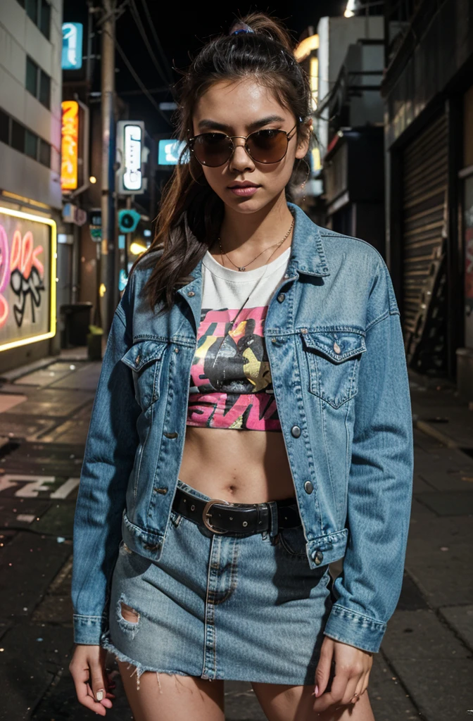 “Generate an HD Ultra Realistic image of Young Attractive Asian Woman Sophie Tan in an urban environment, showcasing Y2K street fashion. She wears a denim jacket over a graphic tee, accessorized with a chunky belt and tinted sunglasses. Capture this scene using a DSLR camera equipped with a 85mm lens, focusing on Sophie’s confident strut across a graffiti-filled alley (1.3). The urban backdrop, featuring street art and neon signs, highlights the rebellious spirit of the era (1.2). Enhance the grittiness and saturation of the scene in post-production to reflect the vibrant street culture of Y2K (1.4).”