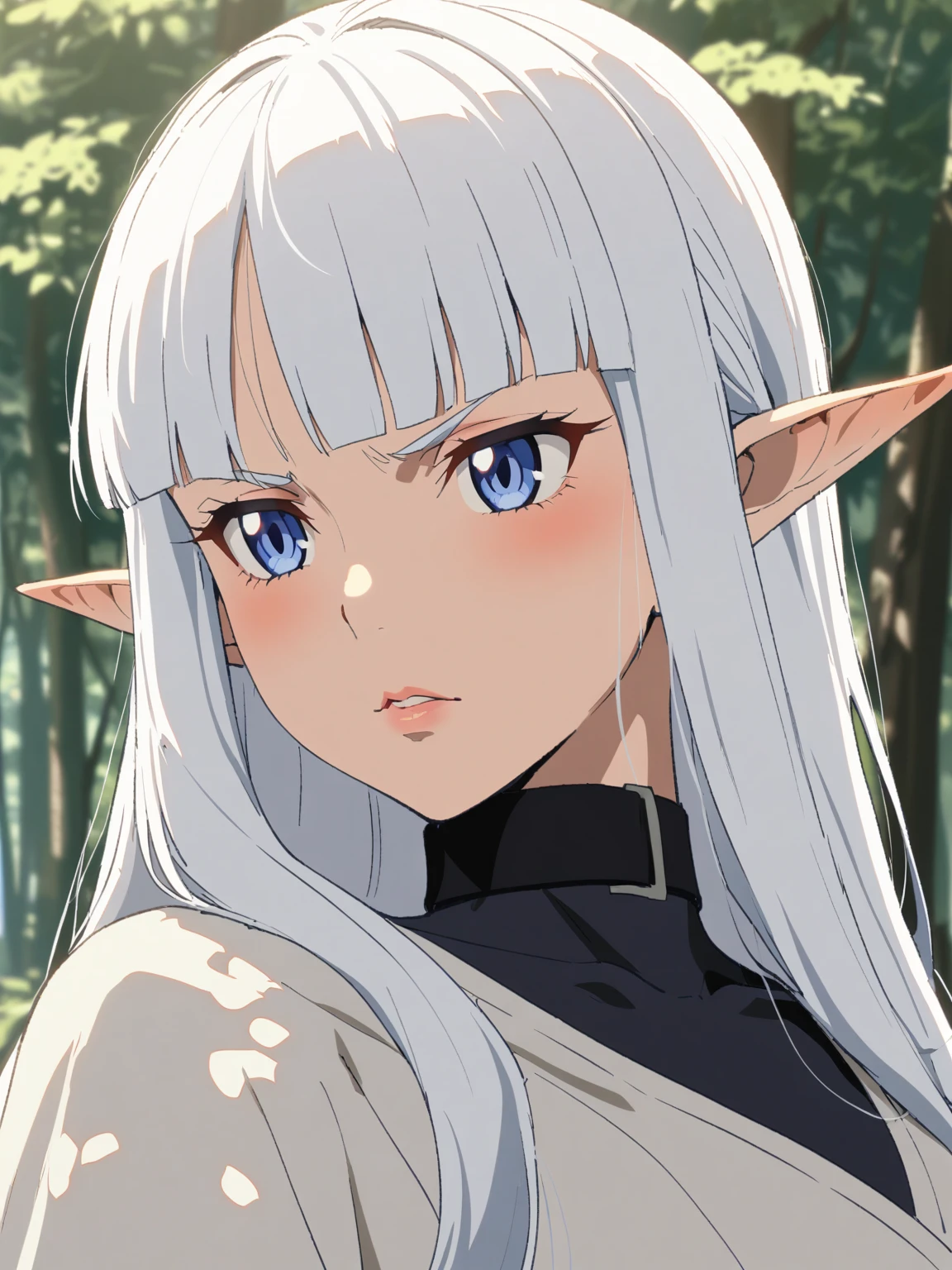 {{portrait, face focus}} {{Artist: Sincos}} 1 woman, solo, mature female, elf elegant, princess, pointy ears, blue eyes, long hair, straight hair, white hair, blunt bangs, lips, large breasts, determined, white tunic, black collar, black undershirt, outdoors, forest, dappled sunlight, medieval fantasy.
