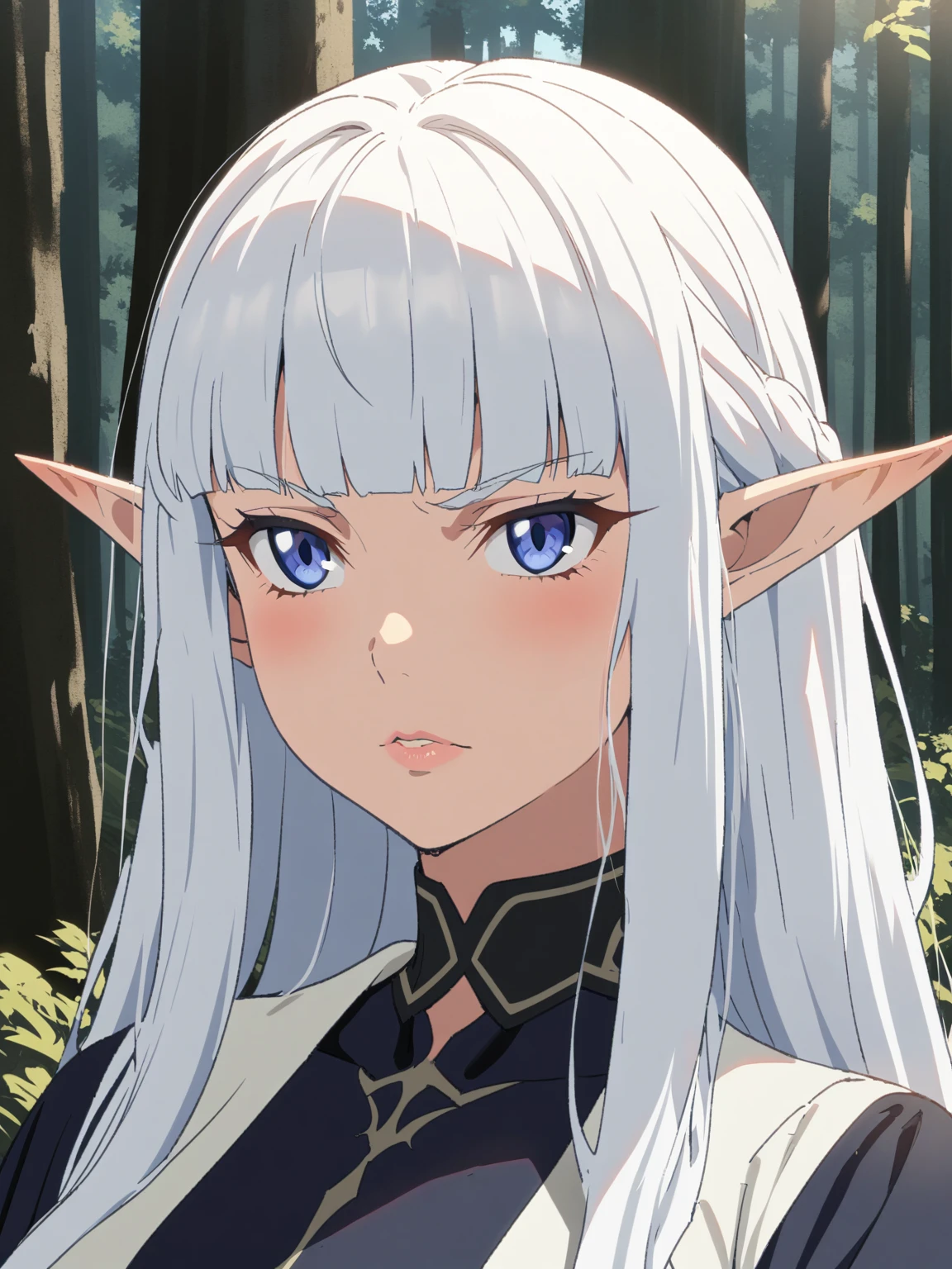 {{portrait, face focus}} {{Artist: Sincos}} 1 woman, solo, mature female, elf elegant, princess, pointy ears, blue eyes, long hair, straight hair, white hair, blunt bangs, lips, large breasts, determined, white tunic, black collar, black undershirt, outdoors, forest, dappled sunlight, medieval fantasy.