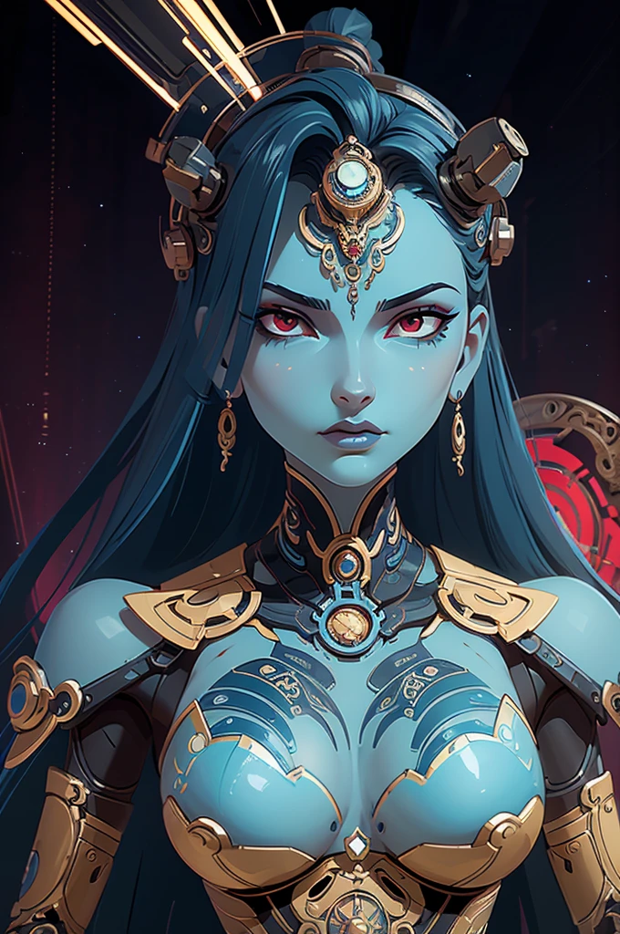 This is an artistic digital illustration portraying the bust of a female figure with cybernetic enhancements and an elaborate mechanical headdress. The figure's facial expression is passive yet intense, with striking red eyes and blue makeup accentuating her features against the contrasting cool metallic tones of the machinery. Rich in detail, the artwork blends organic and mechanical aesthetics, combining smooth human skin with intricate gears, wires, and dripping.