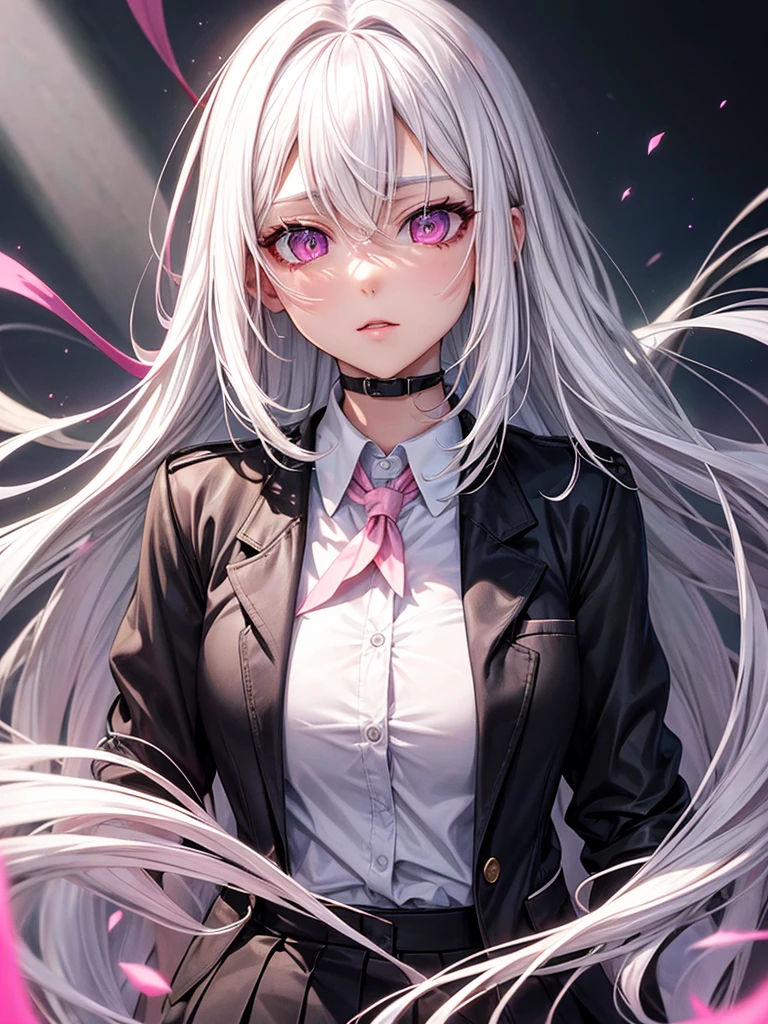 Hot woman, white hair, pink eyes, black school clothes
