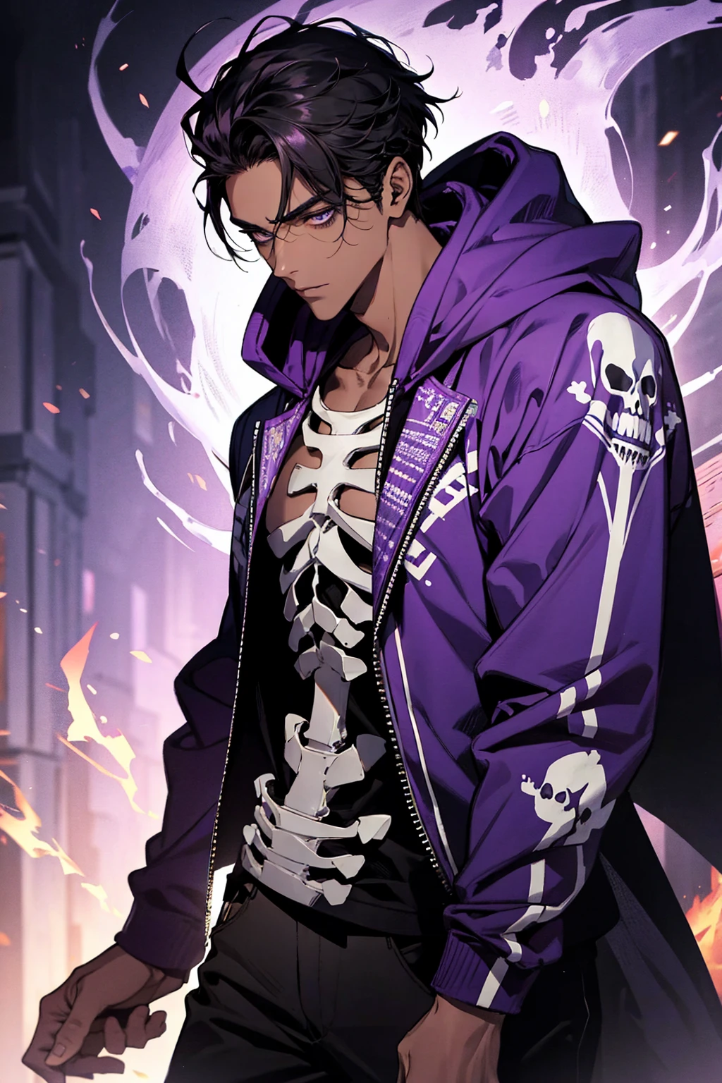 male with bones, looking away from camera, skulls, bones, handsome, black, dark skin, tall, broad shoulders, black hair, purple, purple fire, magic, detailed face, fantasy, hoodie

