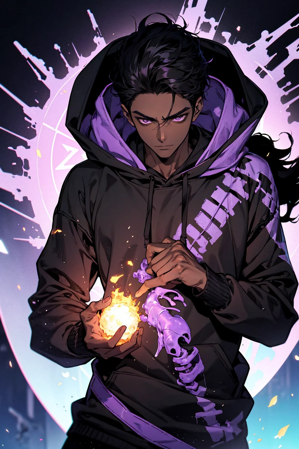 male with bones, looking away from camera, skulls, bones, handsome, black, dark skin, tall, broad shoulders, black hair, purple, purple fire, magic, detailed face, fantasy, hoodie
